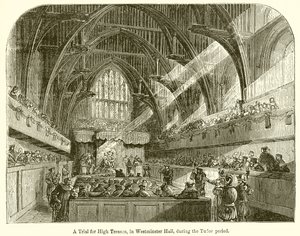 En retssag for højforræderi i Westminster Hall i Tudor-perioden af English School