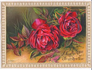 Et victoriansk jule- og nytårskort, der viser to store røde roser, ca. 1880 af English School