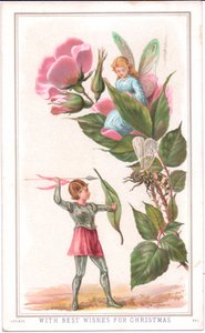A Victorian Christmas card of a fairy sitting on a rose and another fairy throwing a spear at a wasp, c.1880dani af English School