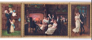 Et victoriansk julekort af en far og hans børn, en far, der fortæller en historie til en familiegruppe, og en herre, der prøver at kysse en dame under misletenen, ca. 1880 af English School
