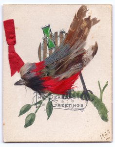A Victorian Christmas card of a robin made out of feathers, 1925dani af English School