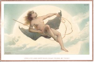 Et victoriansk kort af en nøgen mand, der holder en stang og sidder på et par enorme flagermusvinger, der flyver gennem skyerne, ca. 1880