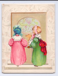 Et victoriansk lykønskningskort med to børn iført motorhjelmer ved at gå ind af en hoveddør, ca. 1880 (farve litho) af English School