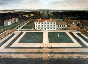 A View of Capesthorne Hall, Cheshire, ca. 1730 (olie på lærred) af English School