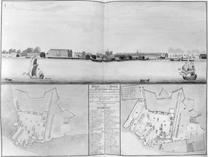 En udsigt over His Majestys Dockyard i Portsmouth taget fra overfor New Dock, 1698 af English School