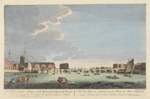En udsigt over London Bridge med ruinerne af den midlertidige bro efter branden den 11. april 1758 (farvet indgravering) af English School