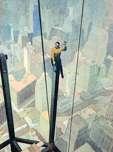 En arbejder på en svimlende pind, højt oppe over New York (farvelitografi) af English School