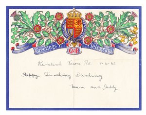 Et telegram til fødselsdagshilsen, ca. 1942 (farve litho) af English School