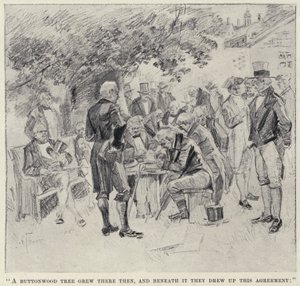 Et knapskovstræ voksede der dengang, og under det tegnede de denne aftale" (litho) af English School