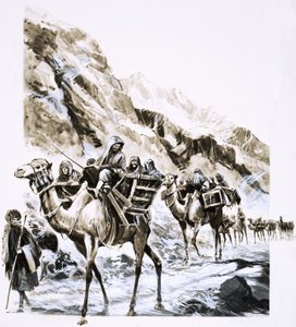 Et kameltog kører gennem Khyber-passet af English School
