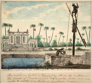 En kolonihave, der viser kunstvanding, ca. 1787 (akvarel på papir) af English School