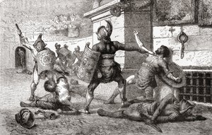 En kamp mellem gladiatorer i det gamle Rom, fra Ward and Lock