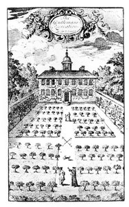 En landstedshave, fra The Gentlemens Recreation, af John Lawrence, udgivet 1716 af English School