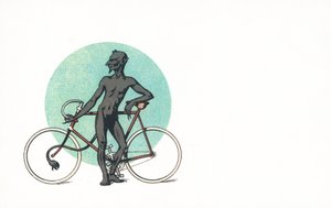 En djævelsk skikkelse, der står ved siden af en cykel af English School