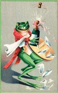 En frø med en bakke med et glas og en champagneflaske af English School