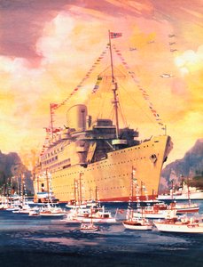 Et stort øjeblik i Royal Mail Lines historie, Andesbjergene ankommer til Oslo i 1945 (farve litho) af English School