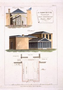 Et drivhus med gotiske detaljer knyttet til et hus i nyklassisk stil til Richard Dickinson Esq i Hendon, Middlesex, 1806 af English School