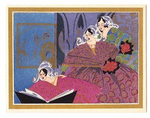 Et håndfarvet fransk Pochoir-julekort, der viser tre damer, der synger fra en sangbog, omkring 1920 af English School