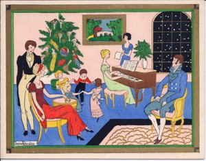 Et håndfarvet fransk Pochoir julekort fra en Regency families julefest, med dans og musikalsk underholdning, omkring 1920 af English School