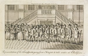 En række lænkede straffefanger fra Newgate Prison, Old Bailey, bliver ført til Blackfriars for transport, ca. 1760 af English School