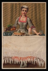 En stuepige eller tjenende pige, der dækker et bord med mad, lykønskningskort. (chromolitho) af English School