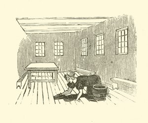 En stuepige, der skurer gulvet (træsnit) af English School