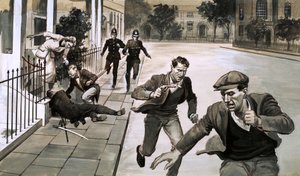En mand myrdet på gaden (gouache på papir) af English School
