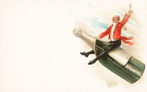 En mand rider på halsen af en champagneflaske af English School