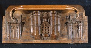 En misericord, der skildrer Sir Yvains hest fanget, da portcullisen til en omfattende slotindgang sænkes, New College Chapel, Oxford, slutningen af det 14. århundrede (træ)