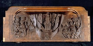 En misericord, der skildrer en befæstet by med en port med en hævet portcullis, New College Chapel, Oxford, slutningen af det 14. århundrede (træ)