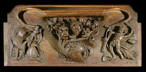 En misericord, der skildrer en kunstfærdigt udskåret hydra, symbolsk for de syv dødssynder, med et realistisk menneskehoved, New College Chapel, Oxford, slutningen af det 14. århundrede (træ)
