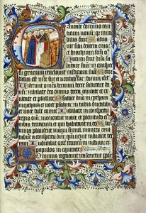 En side fra en psalter på latin, med en historiker forbogstav, der forestiller en gruppe munke, der står foran en talerstol og messer, ca. 1455 af English School
