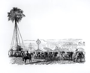 Et palmetræ bliver transporteret til Hyde Park til Great Exhibition, London, 1851 af English School