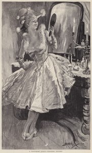 En pantomimedronning lægger sidste hånd på sin make-up (litho) af English School