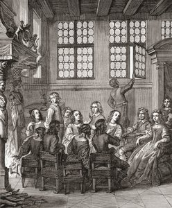 En fest i Duke of Newcastles House, frontispice til Natures Pictures af Margaret, Duchess of Newcastle, 1656, fra A Short History of the English People af J. R. Green, udgivet 1893 af English School