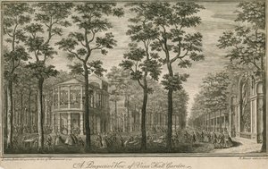 Et perspektivbillede af Vauxhall Gardens, London af English School