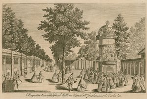 Et perspektivbillede af Grand Walk i Vauxhall Gardens, London og The Orchestra af English School
