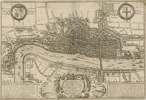 En plan over London, Westminster og Southwark, som de blev undersøgt under dronning Elizabeths regeringstid af English School