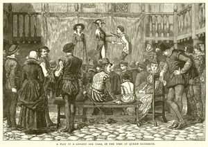 Et skuespil i en London Inn Yard på Dronning Elizabeths tid af English School