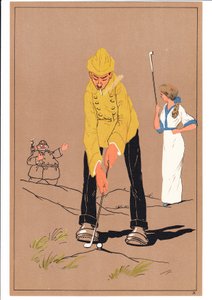 Et print af to golfspillere i komiske og humoristiske stillinger, ca. 1920 af English School
