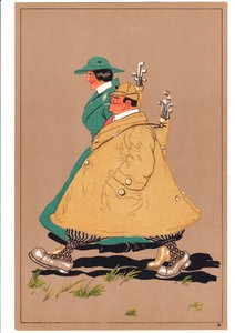 Et print af to golfspillere i komiske og humoristiske stillinger, ca. 1920 af English School