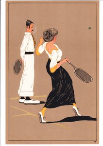 Et tryk af to tennisspillere i komiske og humoristiske stillinger, ca. 1920 (farvelitografi) af English School