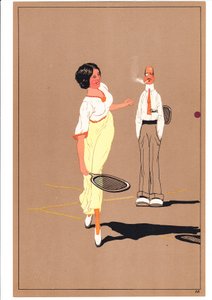 Et print af to tennisspillere i komiske og humoristiske stillinger, ca. 1920 af English School