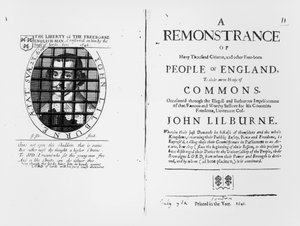 En protest fra Levellers til Underhuset vedrørende fængslingen af deres leder John Lilburne (ca. 1614-57) offentliggjort 1646 af English School