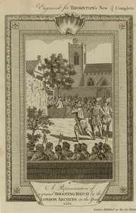 En repræsentation af en storslået skydekamp af Londons bueskytter i år 1583 af English School