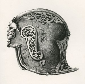 En sallet, alias salade eller schaller krigshjelm, A.D. 1450, fra The British Army: Its Origins, Progress and Equipment, udgivet 1868. af English School