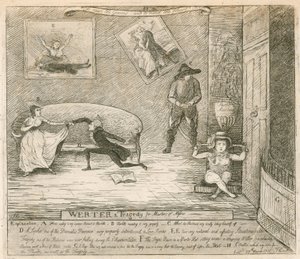 En scene fra F Reynolds burlesque Werter, første gang opført på Covent Garden Theatre, London, den 14. marts 1786 af English School