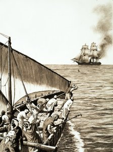 Et dampskib i horisonten, en arabisk dhow i forgrunden af English School