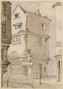 Et gadehjørne i Cloth Fair, Smithfield, London, akvarelskitse, 1881 (wc på papir) af English School