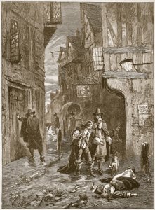 En gade i London under den store pest, illustration fra Cassells Illustrated History of England (sepiafoto) af English School